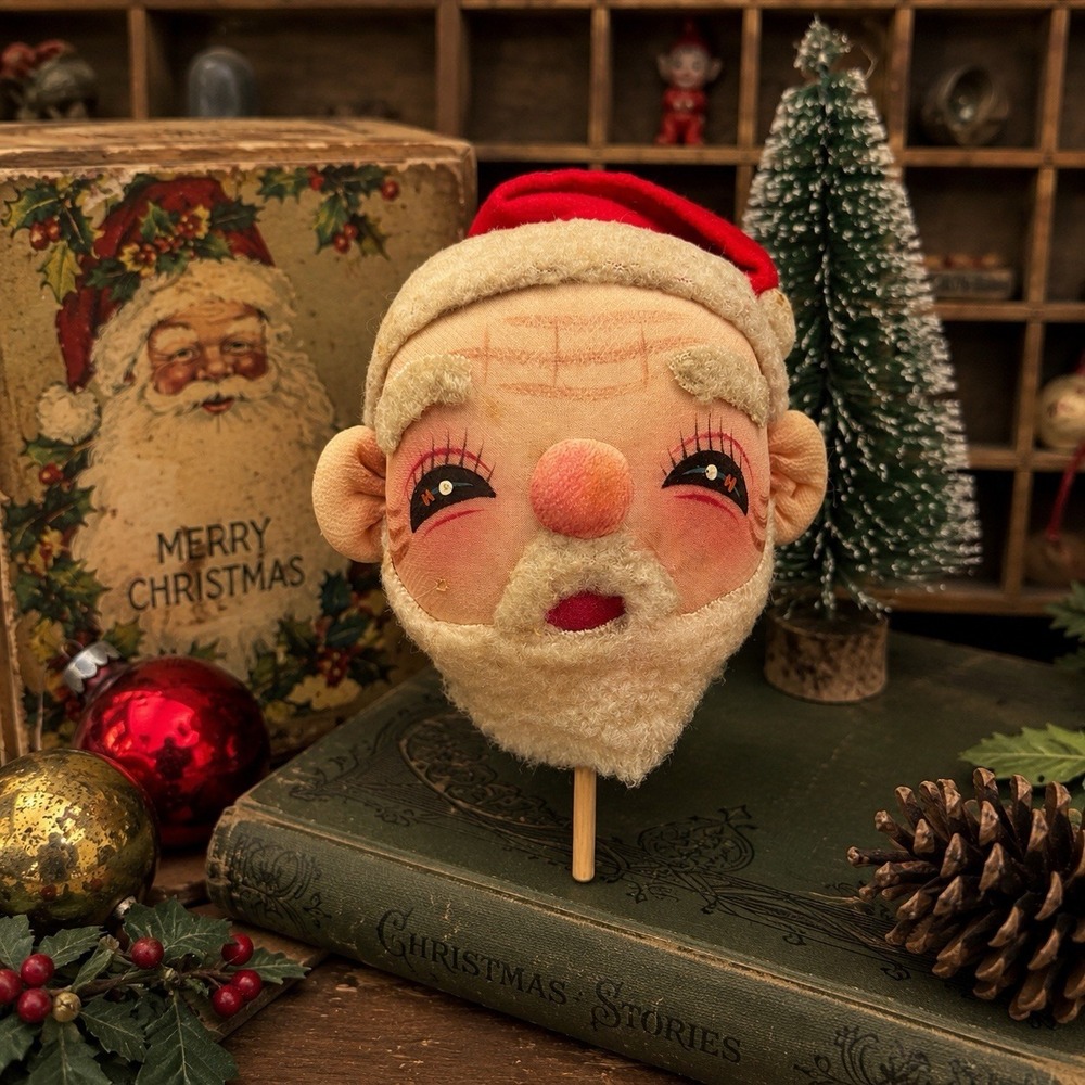 VTG Handmade Pantyhose‎ Nylon Face Santa Head Floral Pick Kitsch Christmas 6"